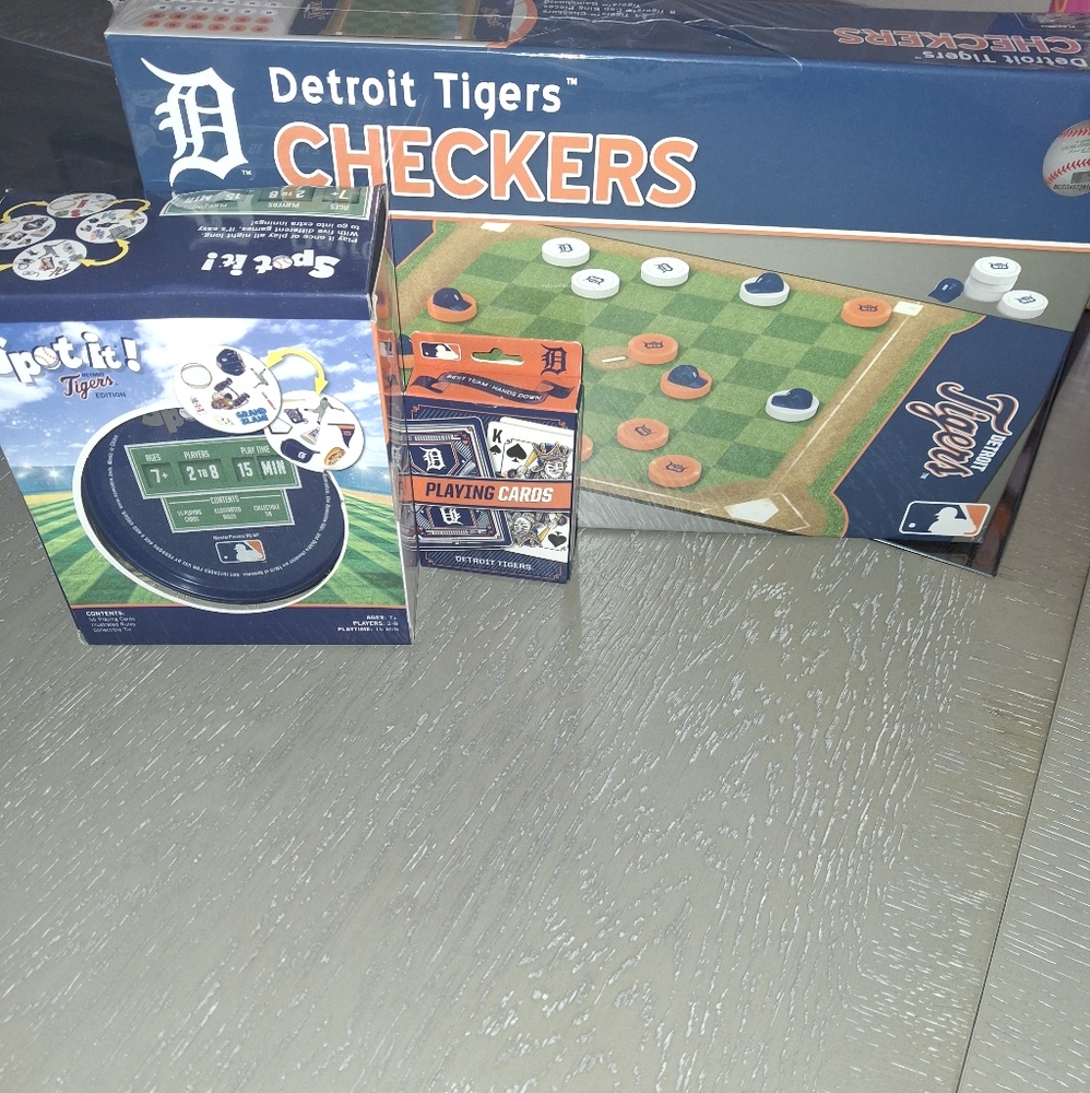 Detroit Tigers Game Bundle with checkers, playing cards, and Spot It
